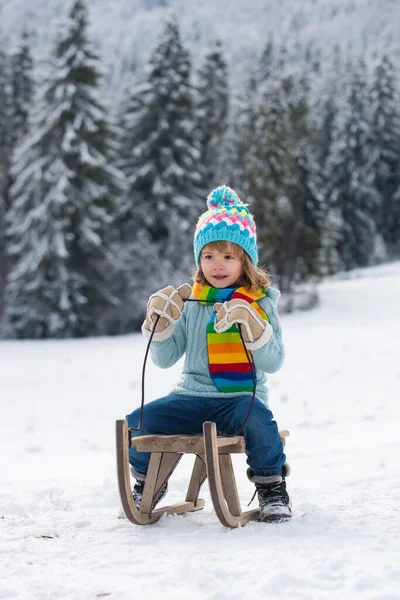 Chłopiec jeździ na sankach zimą. Dzieciak jeździ na śniegu zimą. Wspaniała scena świąteczna. — Zdjęcie stockowe