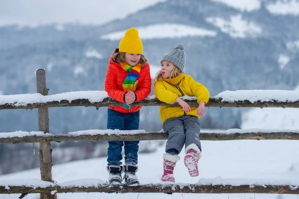 Lindos niños niño y niña jugando en un paseo de invierno en la naturaleza. Vacaciones de invierno para niños en el campo. Retrato de niños pequeños y felices usando ropa de invierno sombrero de punto, bufanda y chaqueta. —  Fotos de Stock