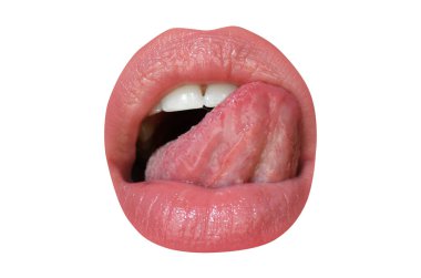 Seksi Ağız, yakın plan. Güzel genç bayan Lips. Beyazda izole edilmiş.