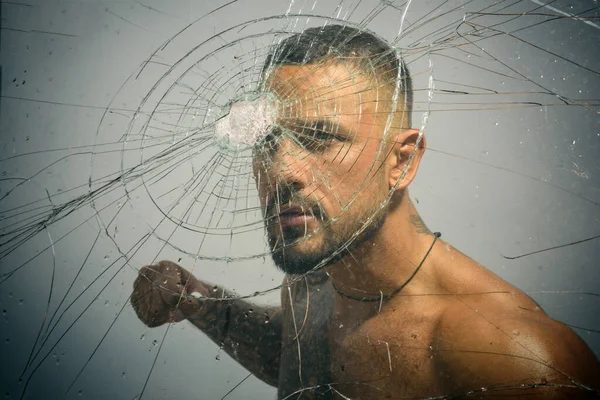 Gangster man, cracked glass. Ready to fight. Man boxing, strength and power. Hispanic gang man, south american latin, criminal guy with serious face. — Stock Photo, Image