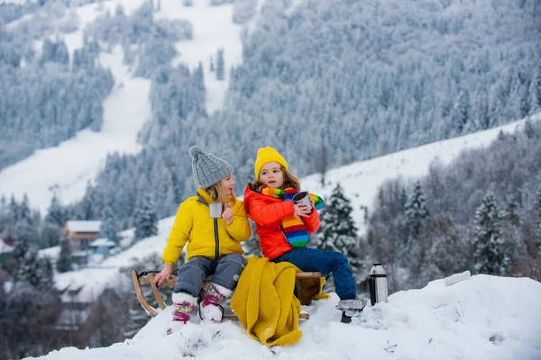 Komik çocuk ve kız kışın kızakla eğleniyorlar. Karda oynayan sevimli çocuklar. Çocuklar için kış aktiviteleri. — Stok fotoğraf