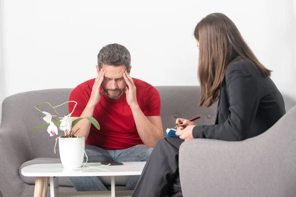 Psychology, mental therapy, psychologist with sad depressed man at psychotherapy session on psychological consultation. — Stock Photo, Image