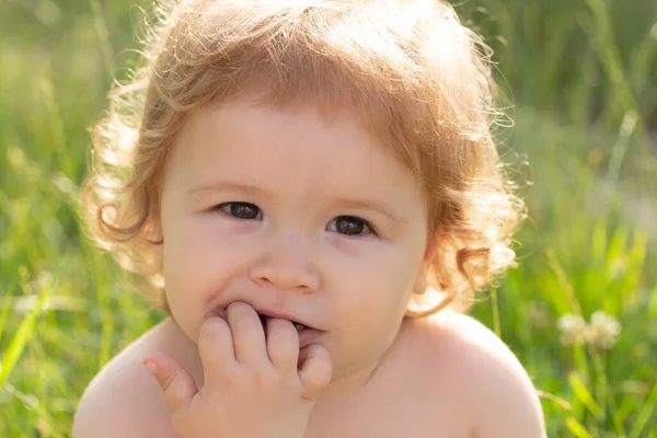 Bambino bambino in erba sul fieald in estate. Faccia da bambino da vicino. Divertente ritratto da primo piano per bambini. Ragazzo biondo, faccia emotiva. — Foto Stock