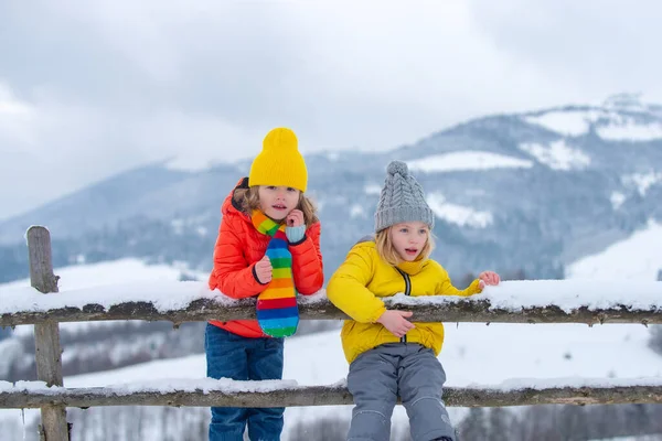 Küçük kız ve oğlan kış ormanında oyun oynuyorlar. Çocuklar güzel kış parkında eğleniyor. Mutlu çocukluk. — Stok fotoğraf
