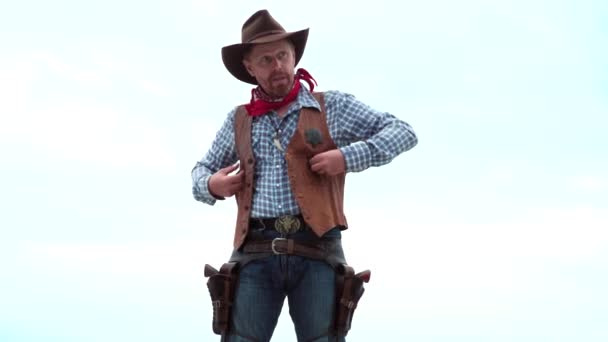 Cowboy with weapon. Funny american bandit, western crazy man with hat. West and guns. — Stockvideo