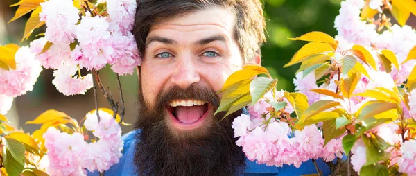 Spring banner of man outdoor. Outdoor partrait of young man surrounded by flowers. Spring blossom. — Stock Photo, Image