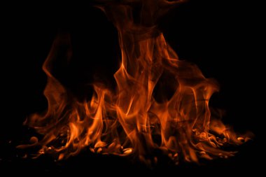 Siyah arka planda yangın alevleri. Ateş, izole edilmiş, soyut bir yapı. Yanan ateşle yanan efekt.