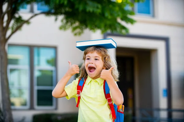 Возвращайся в школу. Забавный маленький мальчик в очках в школе. Ребенок из начальной школы с книгой и сумкой. Образование ребенка. — стоковое фото