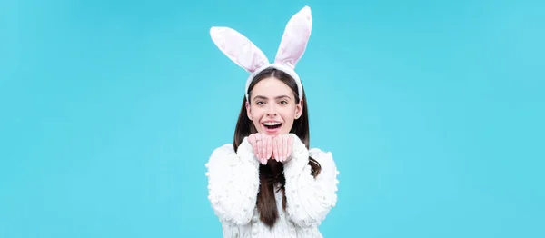 Easter banner with bunny woman. Woman rabbit, easter bunny girl on isolated background. — Stock Photo, Image