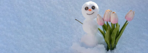 Voorjaars- of winterseizoenen spandoek. Sneeuwman met tulpenbloemen. Voorjaar winter sneeuwman met wortel neus. — Stockfoto