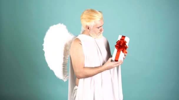 Valentin angel with gift. Arrows of love. Valentines day celebration. Humor comical concept. — стокове відео