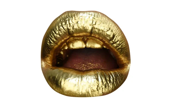 Mouth Icon. Golden lipstick closeup. Lips with metal makeup. Sexy lips, Metallic lipstick close up. — Stock Photo, Image