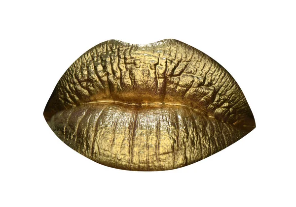 Lip Icon. Luxury gold lips make-up. Golden lips with golden lipstick. Gold paint on lips of sexy girl. Sensual woman mouth, isolated background. — Foto Stock