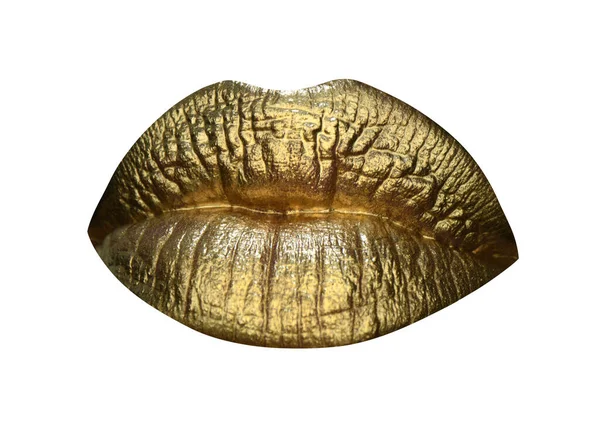 Icono de labios. Maquillaje de labios de oro de lujo. Labios dorados con lápiz labial dorado. Pintura dorada en los labios de chica sexy. Sensual boca de mujer, fondo aislado. —  Fotos de Stock