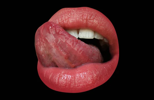 Close-up perfect natural lip, female mouth with tongue out. Plump sexy full lips. Macro face detail. Isolated on black. — Stockfoto