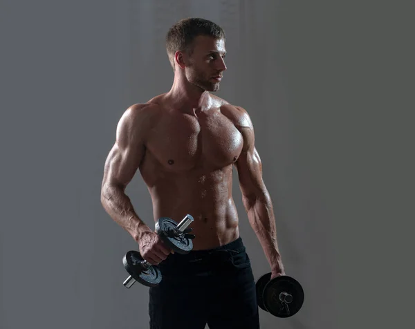 Fit man. Sporty torso, man with dumbbells. Young muscular man with naked torso working out in gym. Athletic male sport man exercising. Fitness sports concept. — Stock Fotó
