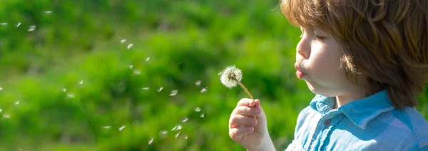 Bannière avec portrait d'enfants de printemps. Printemps ou été enfant souffler des fleurs de pissenlits sur fond de marche et d'herbe. Concept d'harmonie de l'âme. — Photo