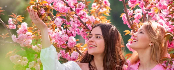 Spring banner with women girlfriends outdoor. Cherry Blossom Events and Locations. Womens day, 8 march. Two Happy girls with Blossom sakura cherry tree over nature background. — Stock Photo, Image