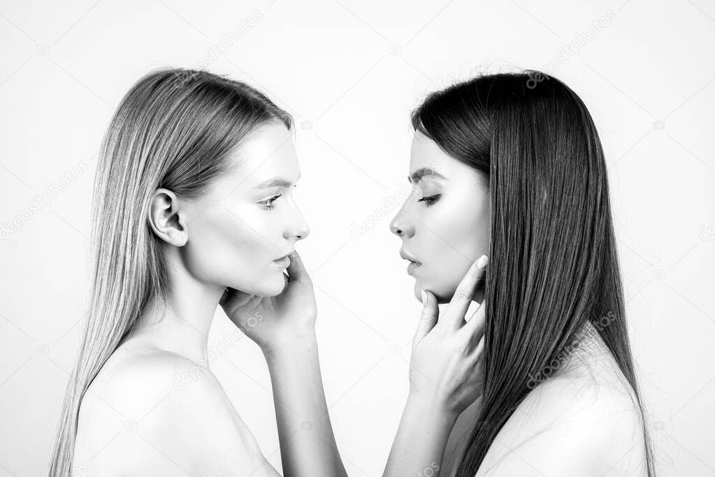 Lesbian couple kiss woman in relations. LGBT girlfriend.
