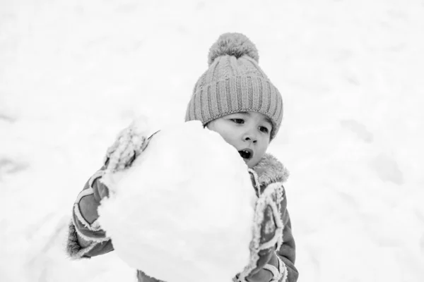 Winter snow and child game. People in snow. Happy winter time for kid. Cute boy in winter clothes. Theme Christmas holidays New Year. Making snowball and winter fun for children. — Stock Photo, Image