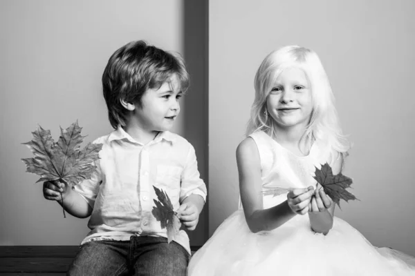 Söt liten pojke och flicka håller löv på färgbakgrund. Barn annonsera dina produkter och tjänster. Hösten rabatt på babykläder. — Stockfoto