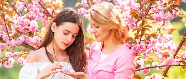 Spring banner with women girlfriends outdoor. Two Beauty spring girls with blooming sakura cherry Flovers. — 图库照片