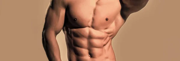 Banner templates with muscular man, muscular torso, six pack abs muscle. Sexy gay with bare chest. Athletic man on beige background. Guy with muscular body and torso. — стоковое фото