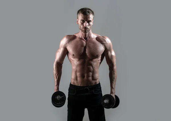 Sexy sporty torso, man with dumbbells. Muscular man working out in studio doing exercises, strong male naked torso abs. — Stock Fotó