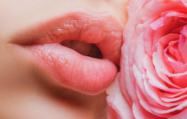 Přirozené rty. Rty s úzkou rtěnkou. Krásná žena ústa s růží. — Stock fotografie