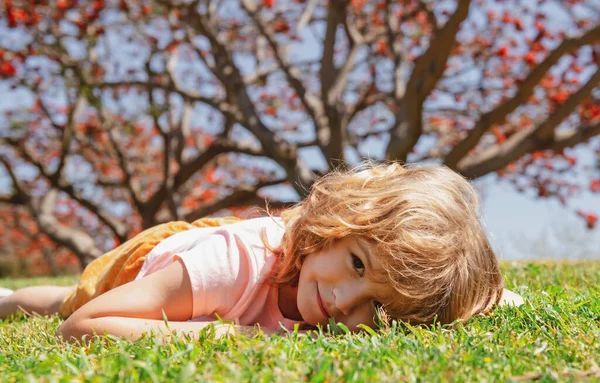 Portrét roztomilého malého dítěte ležícího na trávě v letním přírodním parku. — Stock fotografie