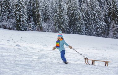 Kid boy enjoy a sleigh ride. Kid sledding in winter snow outdoor. Christmas family vacation. Child boy ride on a wooden retro sleigh on a sunny winter day.