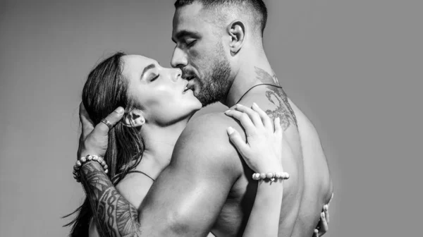 Sensual couple kiss. I Love You. Couple In Love. Romantic and love concept. Hugs together and sensual touch. Sexually explicit. Passionate lover caressing arousing beautiful woman. Dominant man. — Stock Photo, Image