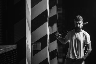 Attack concept. Feel my strength. Man unshaven face hold baseball bat. Strong temper. Confident his strength. Power and strength. Baseball player with baseball bat. Bearded man hold baseball bat.