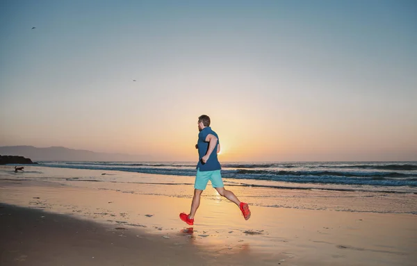 Doğada koşan atletik genç adam. Spor ve sağlıklı yaşam tarzı. Gün batımında sahilde koşan bir adam.. — Stok fotoğraf