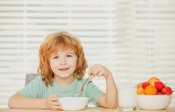 Portrait of cute child eating soup meal or breakfast having lunch by the table at home with spoon. Kids healthy food. Healthy nutrition for kids. — стоковое фото