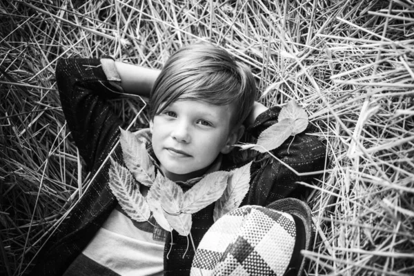 Il ragazzo giace sul fieno. Piccolo bambino carino che tiene foglia d'oro sullo sfondo del villaggio agricolo. Carino bambino si stanno preparando per l'autunno giornata di sole . — Foto Stock