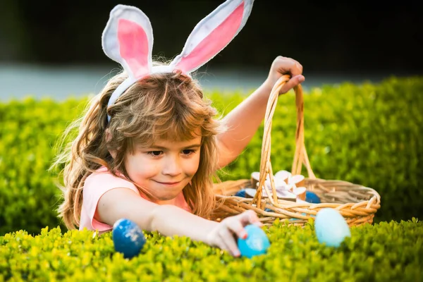 Child gathering eggs, easter egg hunt concept. Child boy with easter eggs and bunny ears outdoor. Cute kid having happy easter in park. — Zdjęcie stockowe