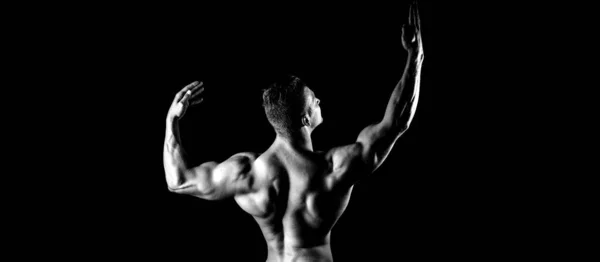 Healthy lifestyle, bodycare concept. Banner templates with muscular man, back muscle. Black and white. — Foto Stock