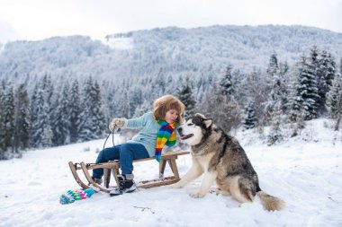 Funny boy with dog having fun with a sleigh in winter forest woods. Tender cute dog. Kids pet love.