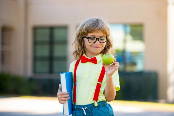 Retrato de niño lindo de escuela con gafas y una camisa con libro de asideros. Colegial nerd al aire libre. —  Fotos de Stock