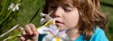 Banner with spring kids portrait. Flower allergy in kids. Spring park with flowers. Little boy sniffing narcissus outdoor. Little boy smelling flowers outdoor.