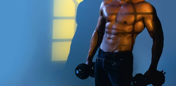 Banner templates with muscular man, muscular torso, six pack abs muscle. Muscular and sexy torso of young man having perfect athletic body. — Φωτογραφία Αρχείου