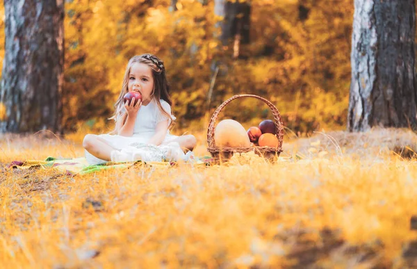 Liten flicka på gul fallande lönn löv bakgrund, falla utomhus. — Stockfoto