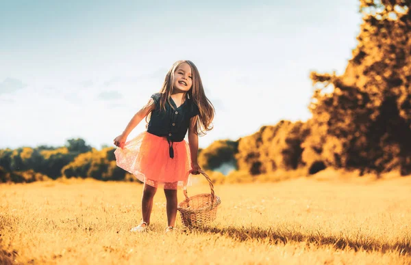 Édes kislány az őszi réten. Aranyos kislány, aki jól érzi magát a parkban. Gyönyörű őszi őszi idő a természetben. — Stock Fotó