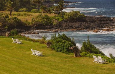Mavi denizli tropik plaj arka planı. Tatil ya da yaz konseptinde rahatlama.