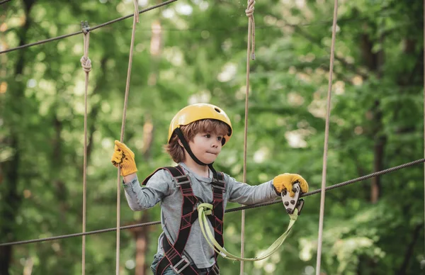 Adventure climbing high wire park. Cute school child boy enjoying a sunny day in a climbing adventure activity park. Child playing on the playground — Stock Photo, Image