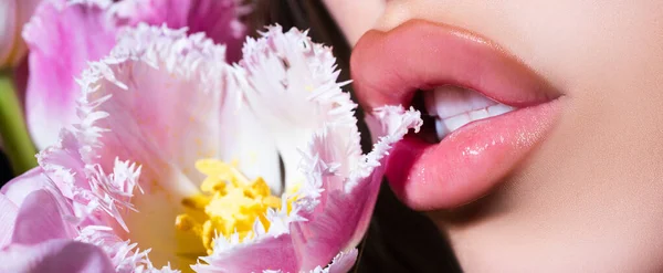 Banner of sensual young woman lips with tulips flowers bouquet. Blowjob and kiss, sensual tongue licks a tulip flower. Sexy female mouth and spring flower. Oral sex, licking. - Stock-foto