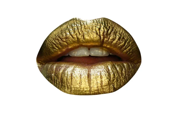 Εικονίδιο χειλιών με χρυσαφί glitter αποτέλεσμα. Αισθησιακό στόμα. Σύμβολο φιλιού από χρυσό κραγιόν. Λαμπερό χρυσό στόμα πολυτελείας. Αφηρημένα χρυσά χείλη. — Φωτογραφία Αρχείου