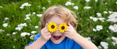 Bahar çocuğu suratlı pankart. Komik Çocuk ve Papatyalar. Çiçekli, mutlu, sarı saçlı çocuk. Gözleri papatya çiçeğiyle çimlerin üzerinde uzanıyor. Papatya gözlü çocuk, yazın yeşil çimlerin üzerinde.