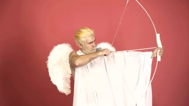 Día de San Valentín divertido. Amor y romance. Loco ángel Cupido apuntando con la flecha del amor. — Vídeos de Stock